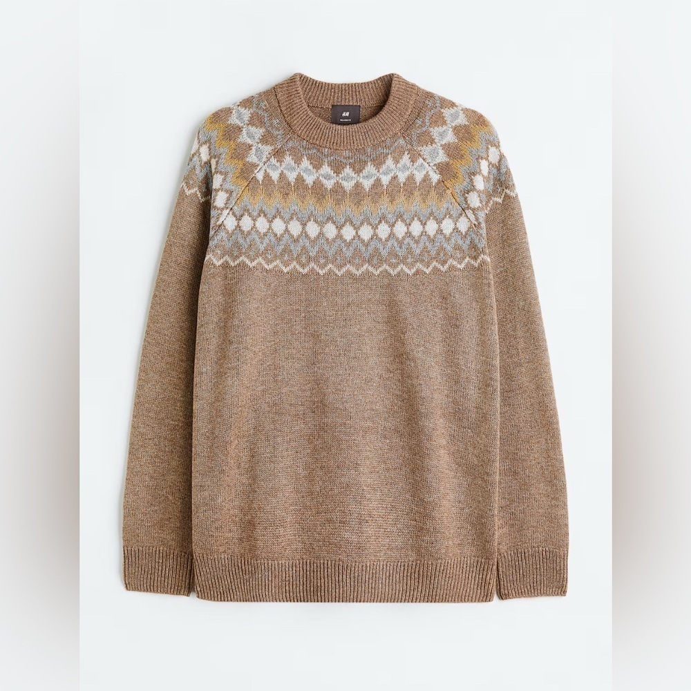 H&M MENS BROWN PATTERNED RELAXED FIT SWEATER SZ XL - Picture 2 of 7